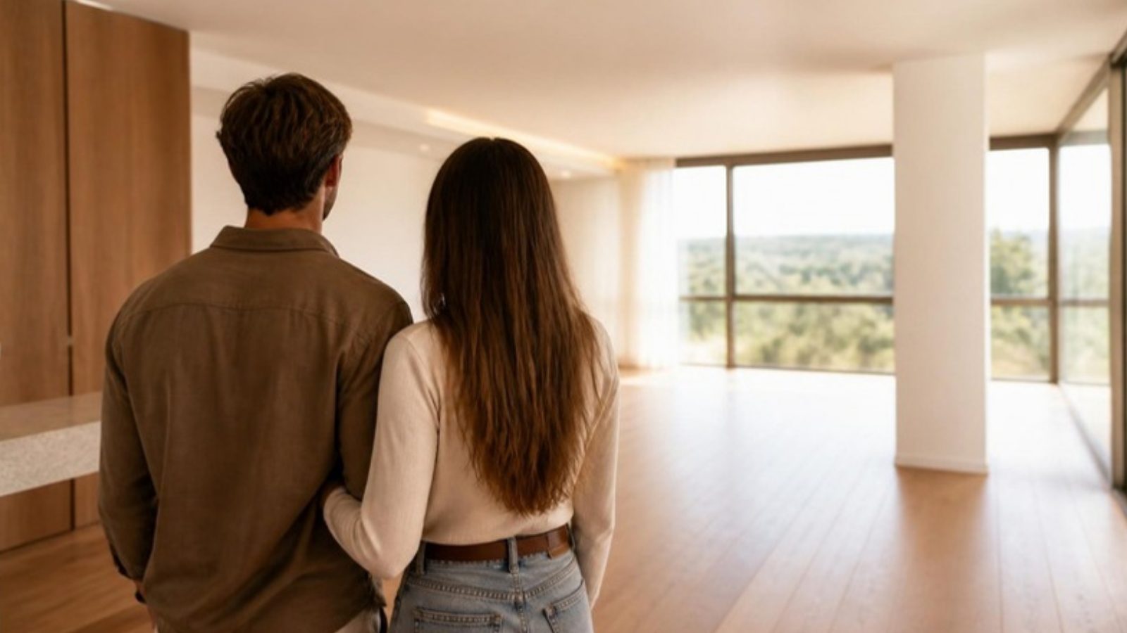 Casal de costas observando apartamento vazio com piso de madeira e janelas amplas