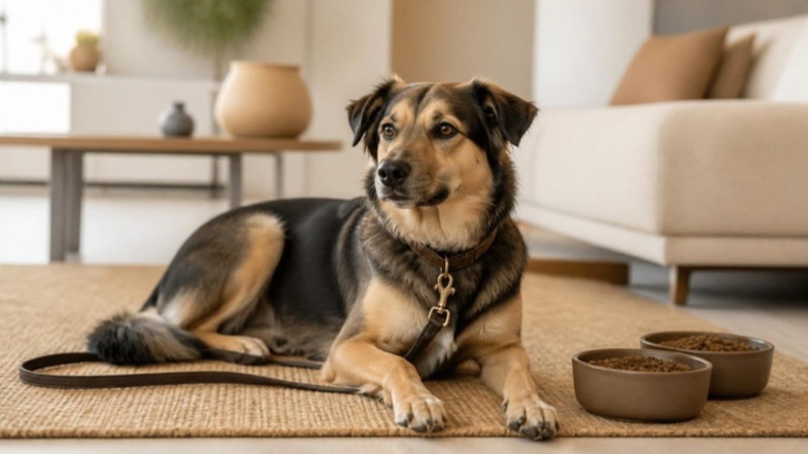 Custódia de pets no divórcio: cachorro deitado em sala clara com duas tigelas