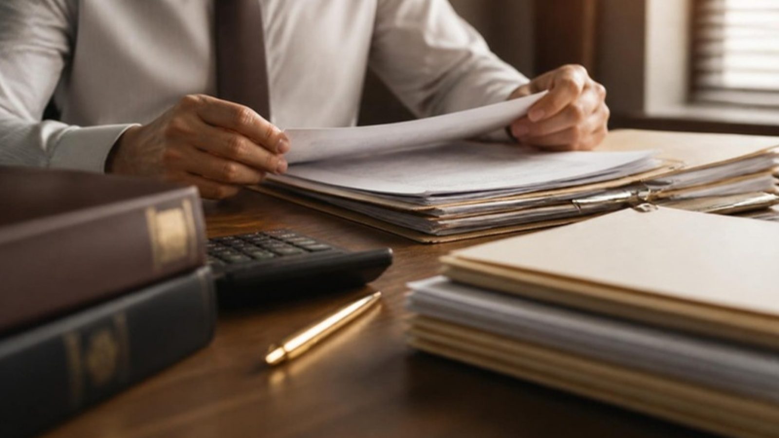 Documentos de processo de execução fiscal e calculadora sobre mesa de escritório empresarial