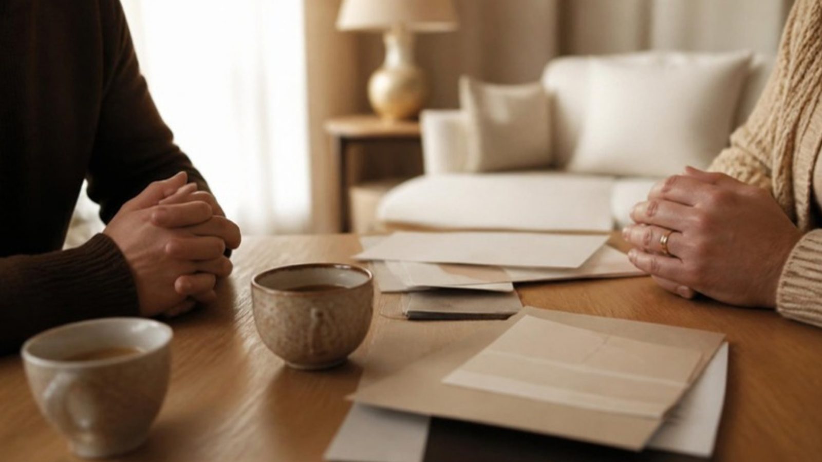 Mãos de um casal sobre mesa de madeira com xícaras de café em sala de estar iluminada
