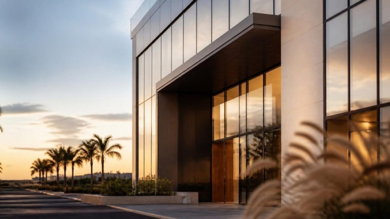 Fachada de edifício comercial moderno ao entardecer