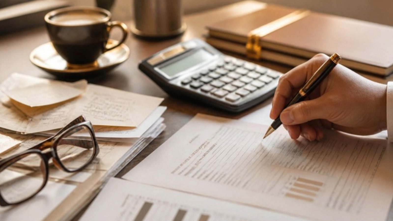 Notas fiscais, balanço contábil e calculadora sobre mesa de trabalho