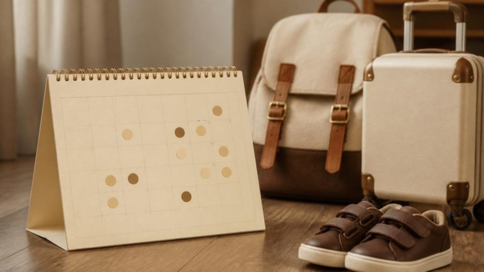 Calendário de convivência com mochila e mala infantil, ilustrando o plano de guarda compartilhada