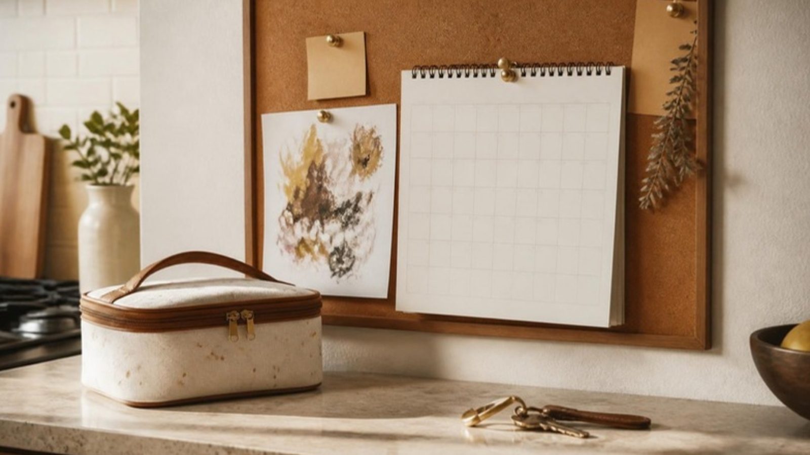 Quadro de cortiça com calendário e desenho infantil, lancheira e chaves sobre bancada de cozinha