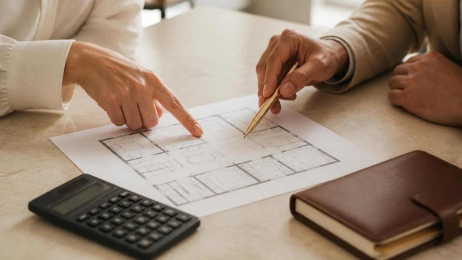 Mãos apontando para planta baixa de apartamento ao lado de calculadora em escritório