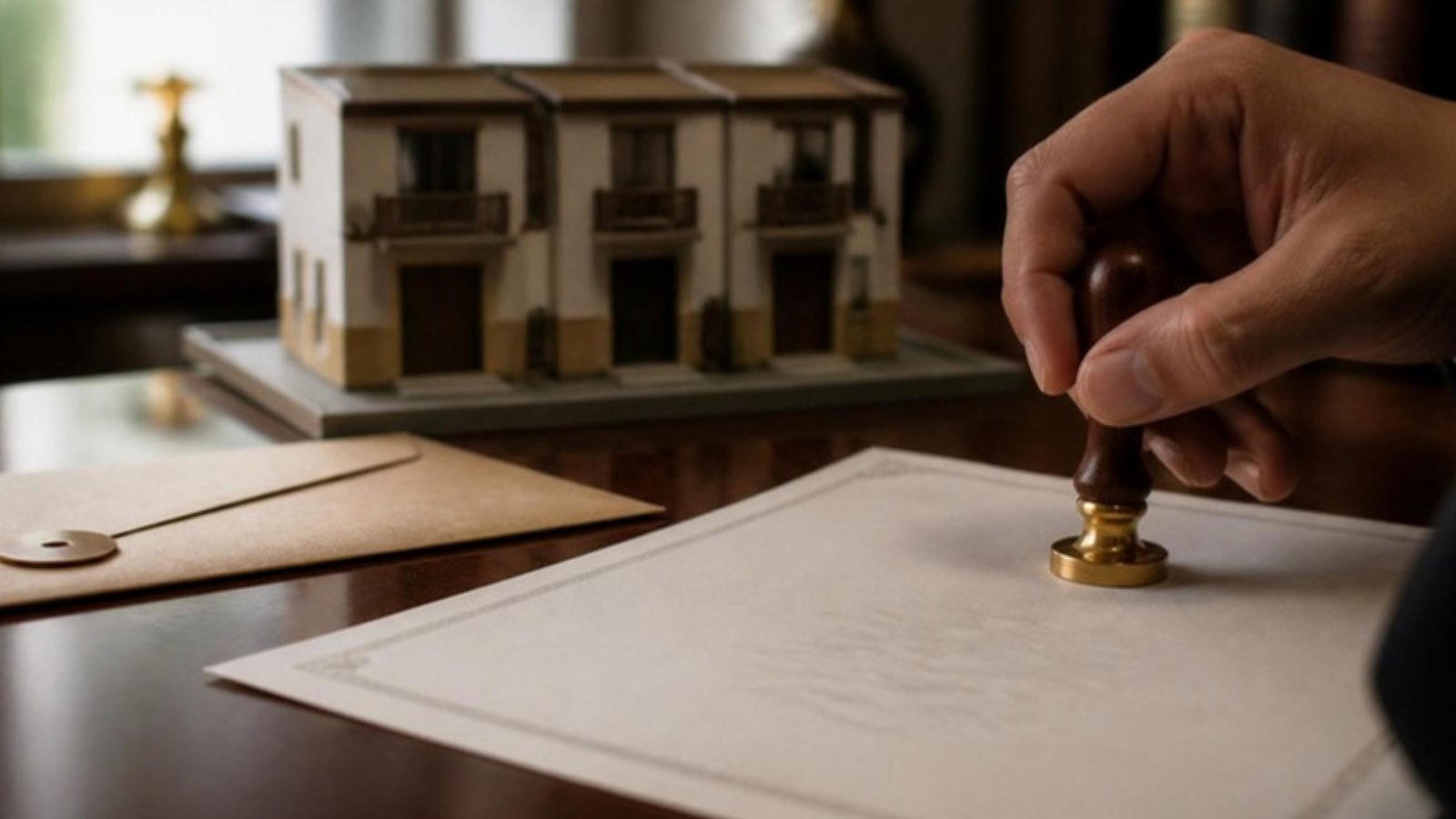 Escritura de inventário em cartório com casa em miniatura representando partes ideais do herdeiro menor