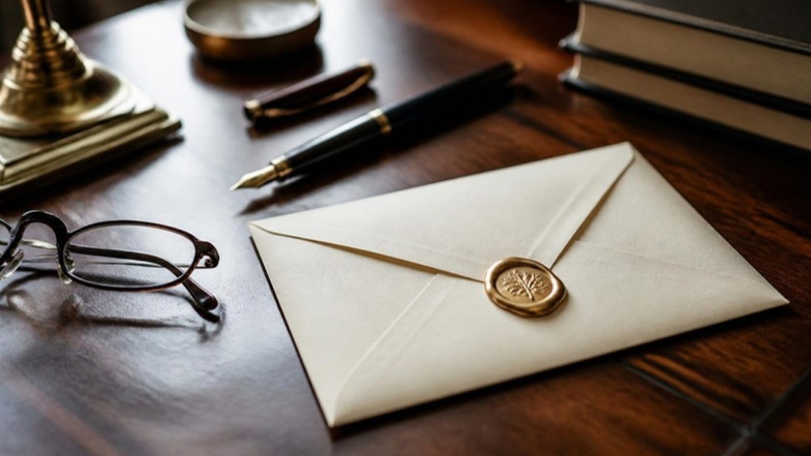 Testamento em envelope lacrado sobre escrivaninha, tema de inventário extrajudicial com testamento