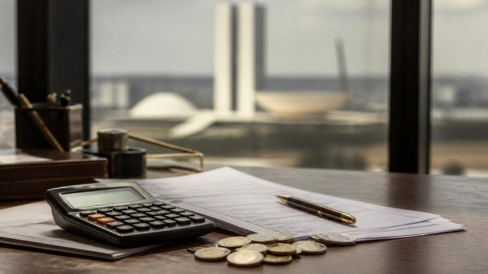 Calculadora e guias sobre a mesa com Brasília ao fundo, representando o ITCD no inventário do DF