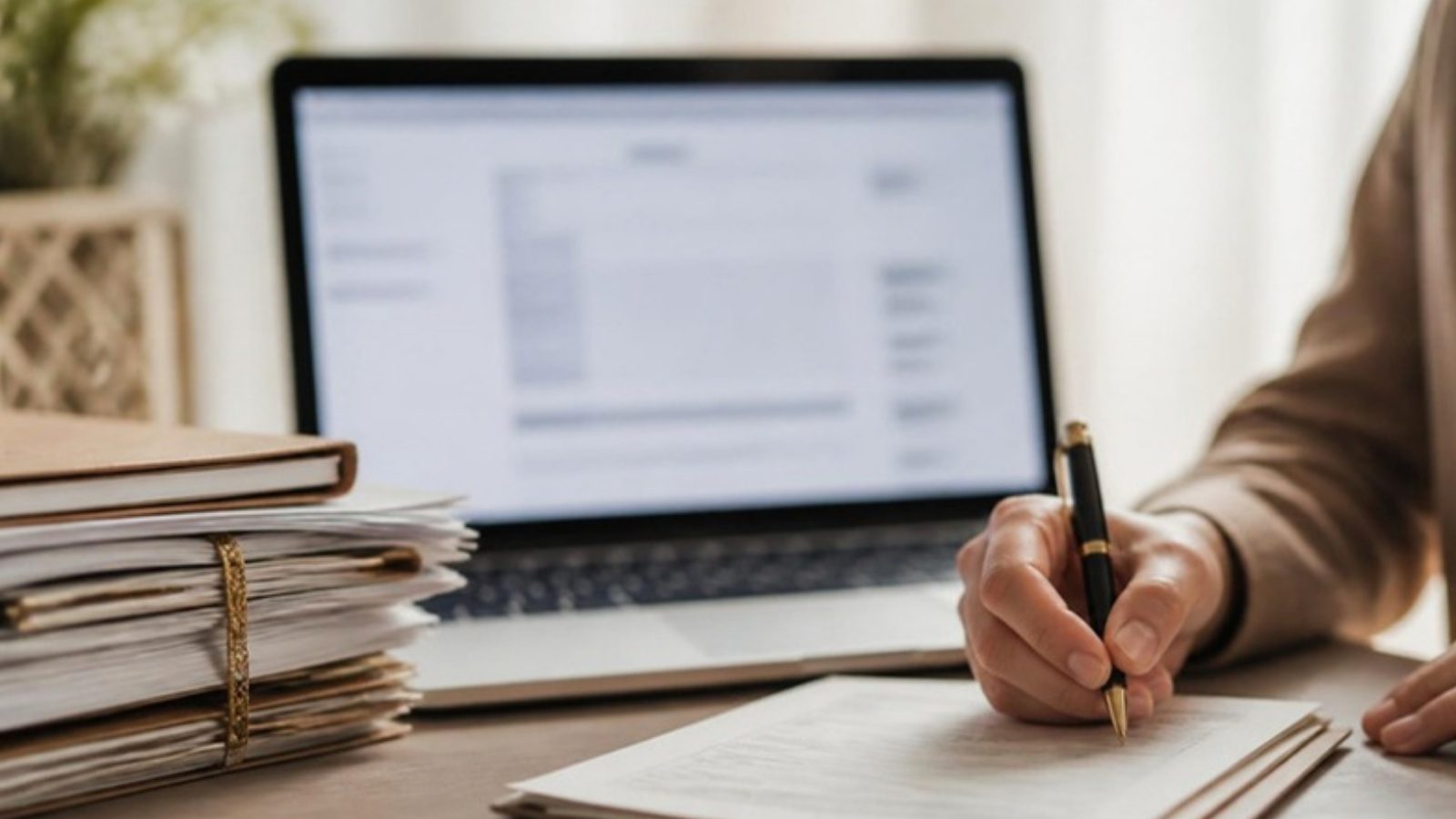 Mão preenchendo declaração do ITCD em notebook, com documentos de herança ao lado