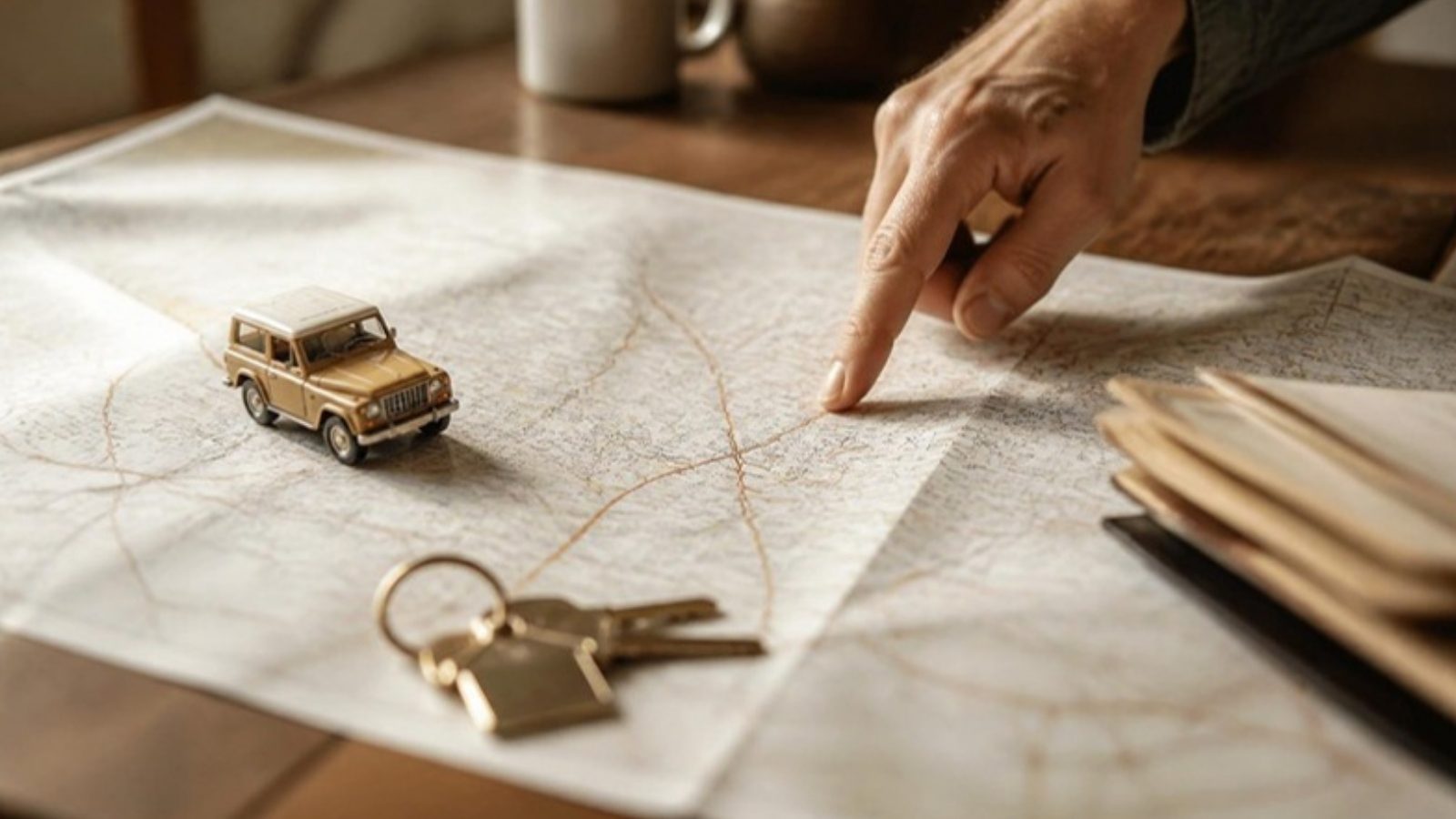 Mapa, chaves e carrinho de brinquedo ilustrando o pedido de autorização judicial para mudar de cidade com o filho
