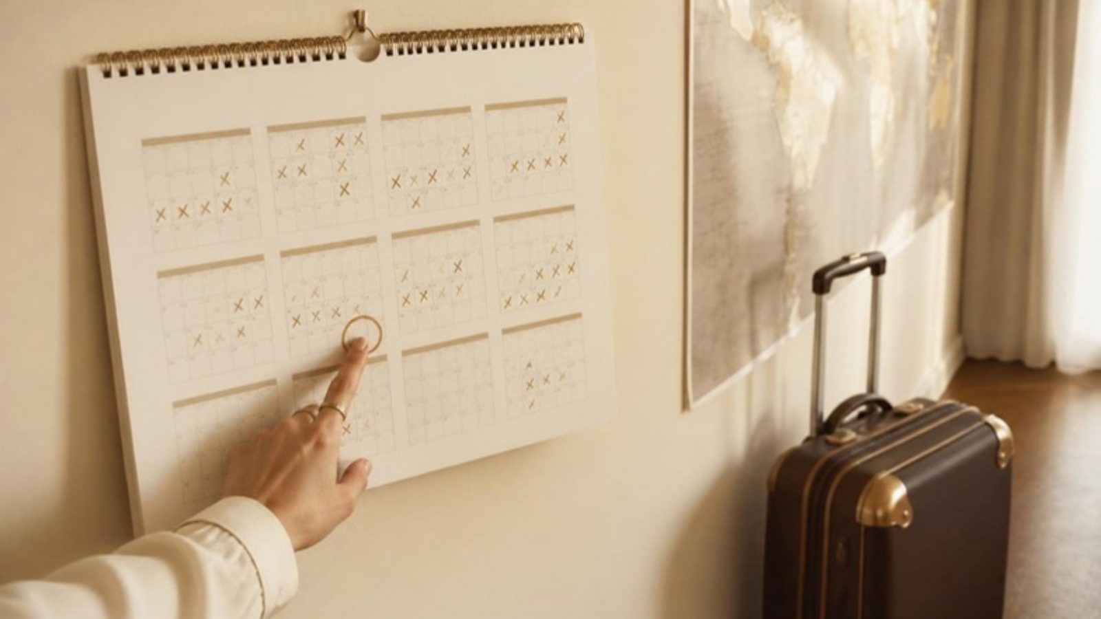 Calendário e mala representando a regra dos 12 meses consecutivos de ausência