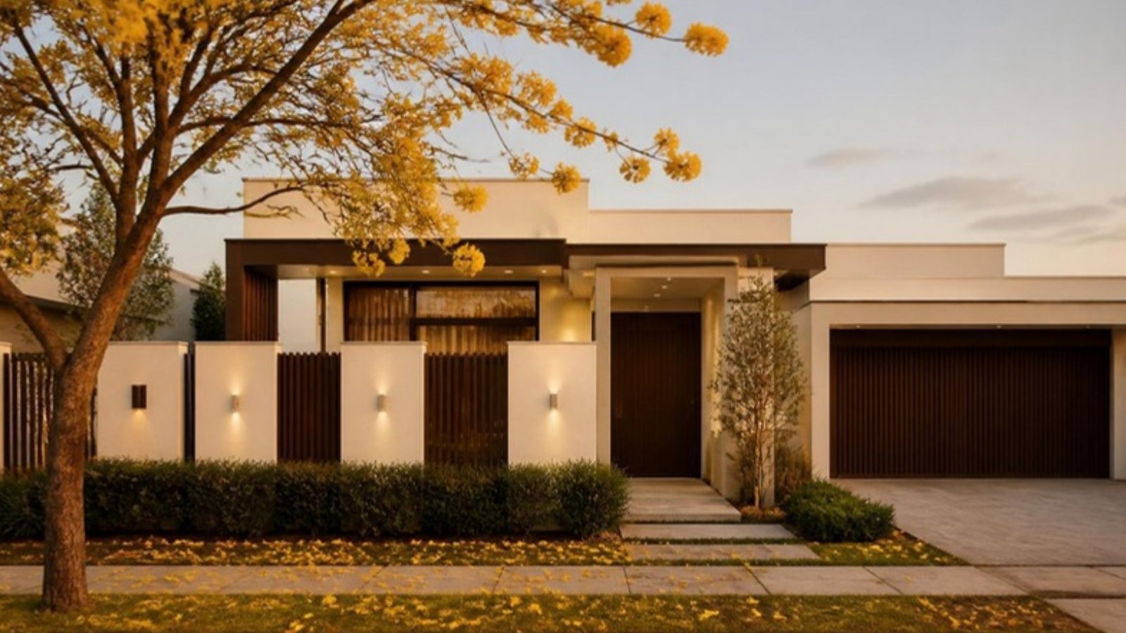 Fachada de casa térrea moderna com ipê amarelo florido no jardim ao entardecer