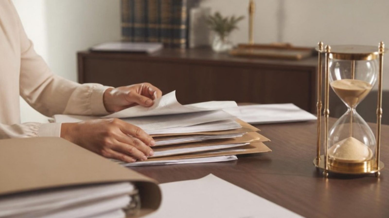 Mãos organizando documentos do inventário ao lado de uma ampulheta