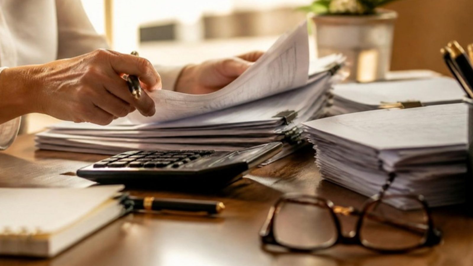Mão conferindo notas fiscais e guias de recolhimento ao lado de uma calculadora