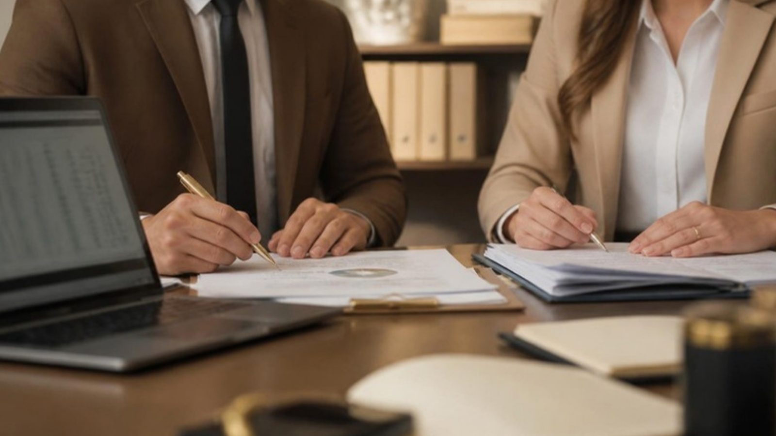Profissionais revisando relatório fiscal impresso e planilha no notebook em mesa de escritório