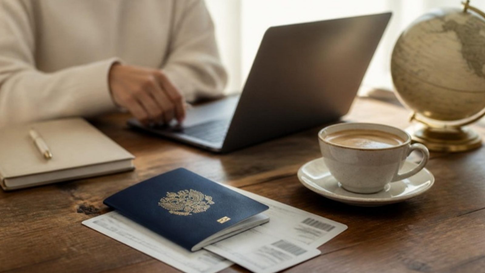 Passaporte e documentos sobre a mesa representando a saída fiscal do Brasil em 2026
