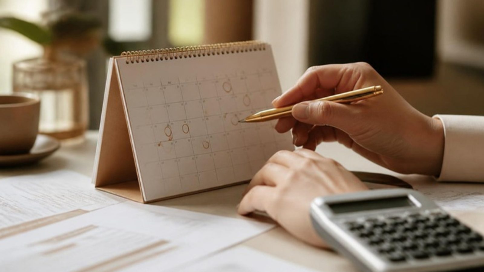 Mãos marcando no calendário os prazos da Comunicação e da Declaração de Saída Definitiva