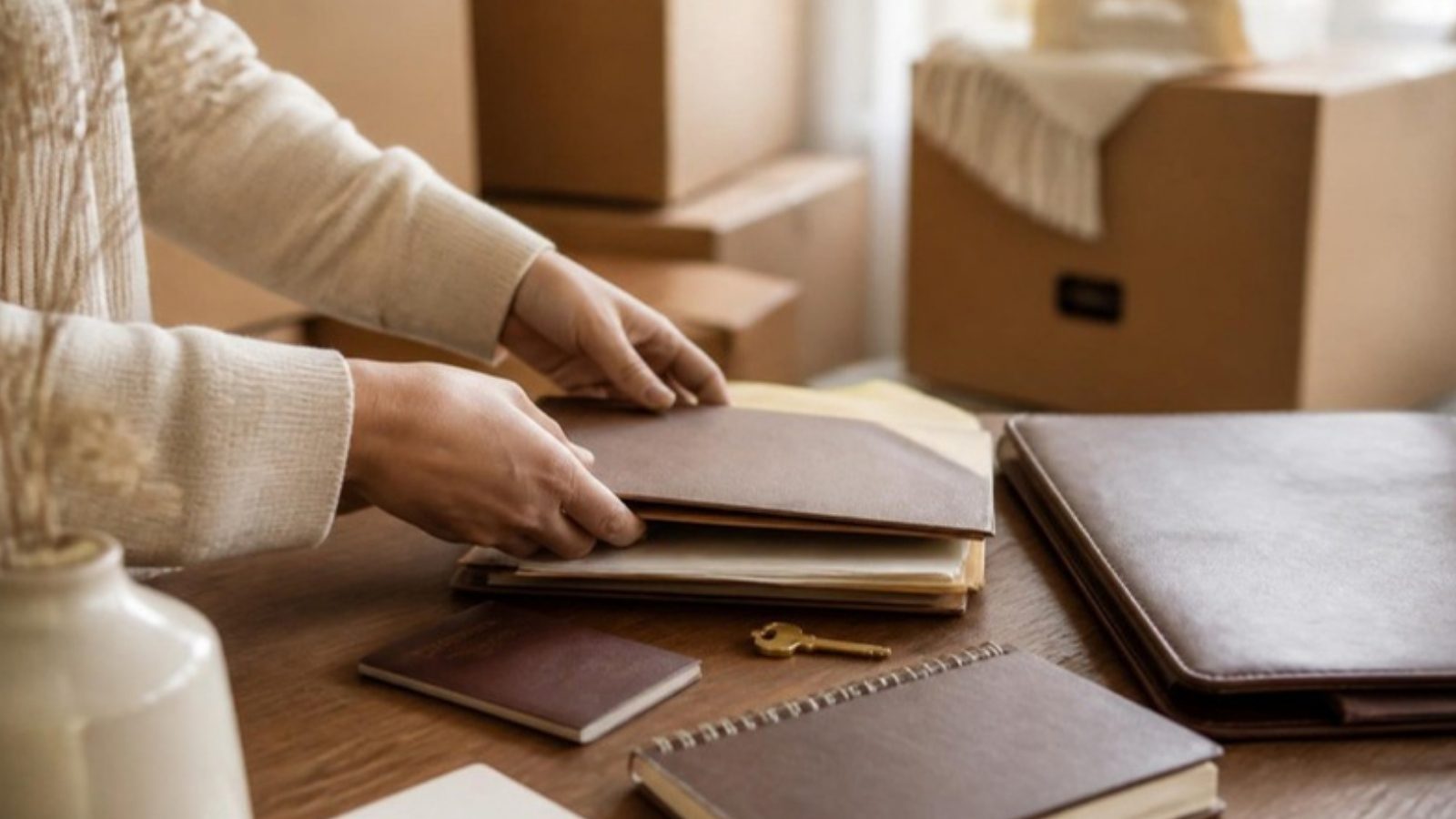 Mãos organizando documentos, passaporte e chave de casa antes da mudança para o exterior
