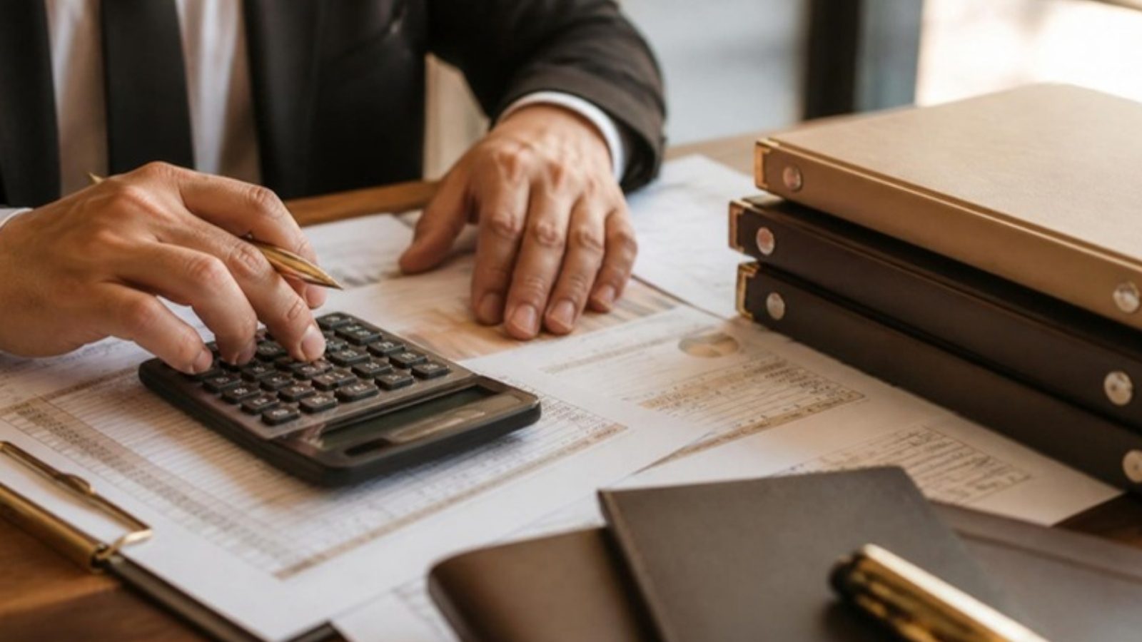 Contador com calculadora e planilhas comparando três opções de regime tributário para a empresa