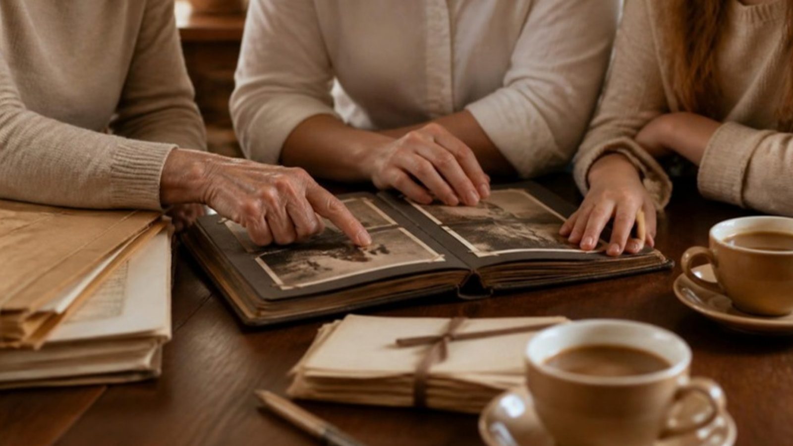 Mãos de uma família folheando álbum de fotos antigo sobre mesa com documentos