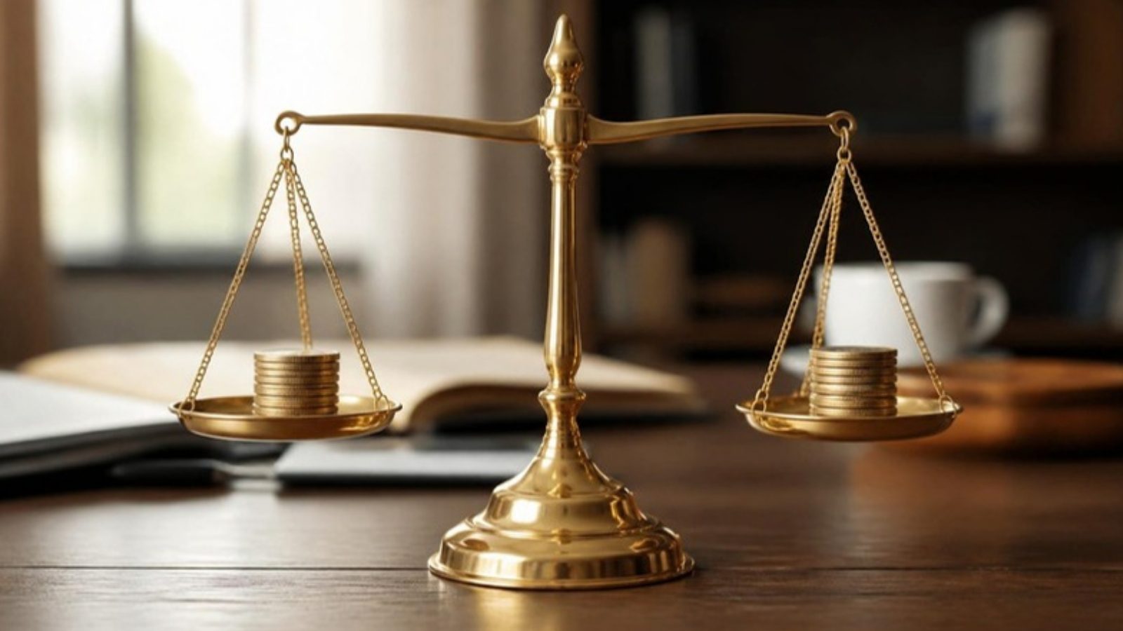 Balança equilibrada com duas metades iguais, legítima e parte disponível no testamento