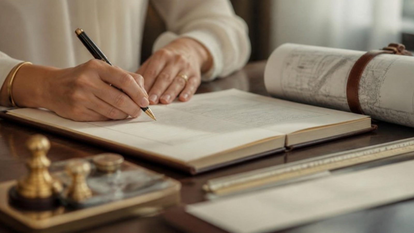 Mãos assinando livro de cartório com planta do terreno, representando a ata notarial da usucapião